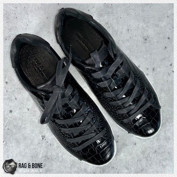 RAG AND BONE RB1 LOW PLATFORM SNEAKERS BLACK CROCODILE EMBOSSED LEATHER SIZE 7.5 - Picture 4 of 16